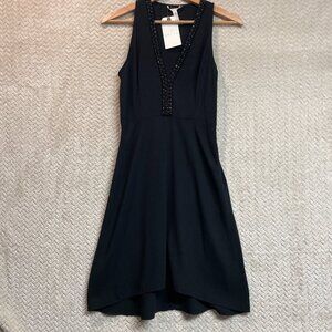 Leith Womens Black Vneck Beaded Fit & Flare Cocktail Party Mini Sleveless Dress